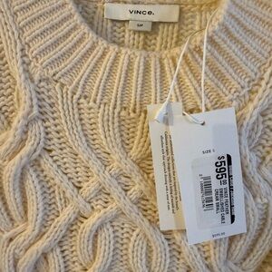 NWT Vince Ostrich Feather Merino Cashmere Wool Cream Cable Knit Sweater S